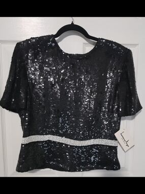 Laurence Kazar Black Sequin Short Sleeve Top with Silver Band